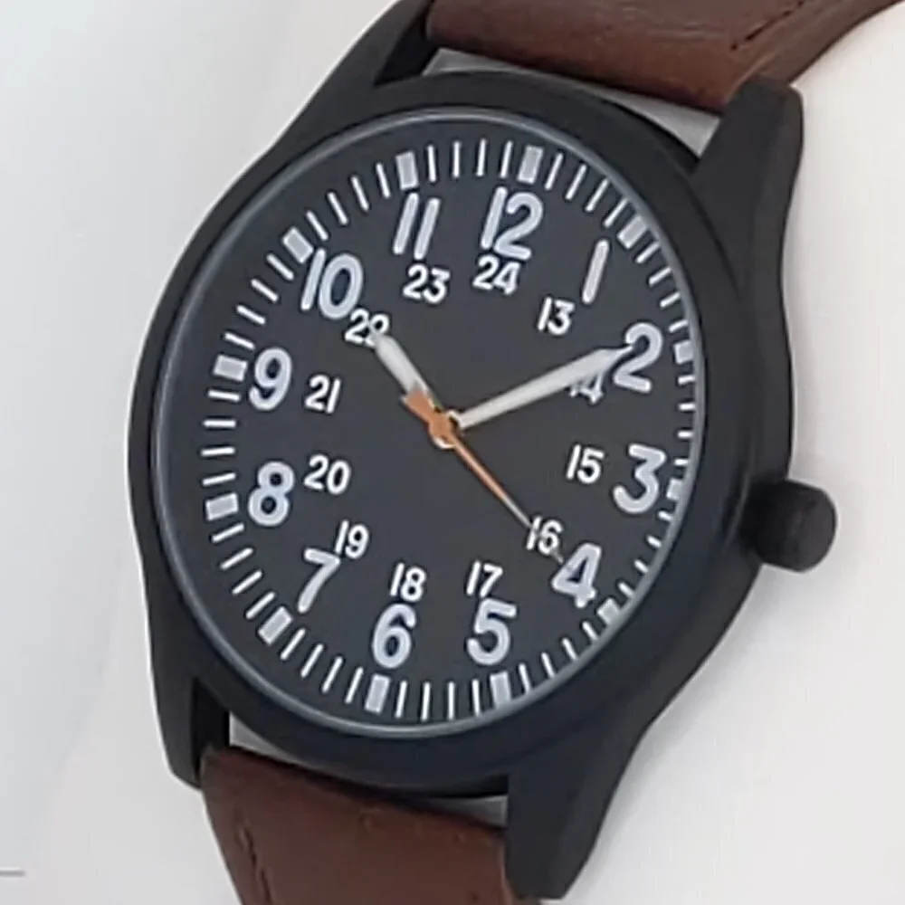 Men's Quartz Field Watch Black Case Brown Leather Strap 42mm